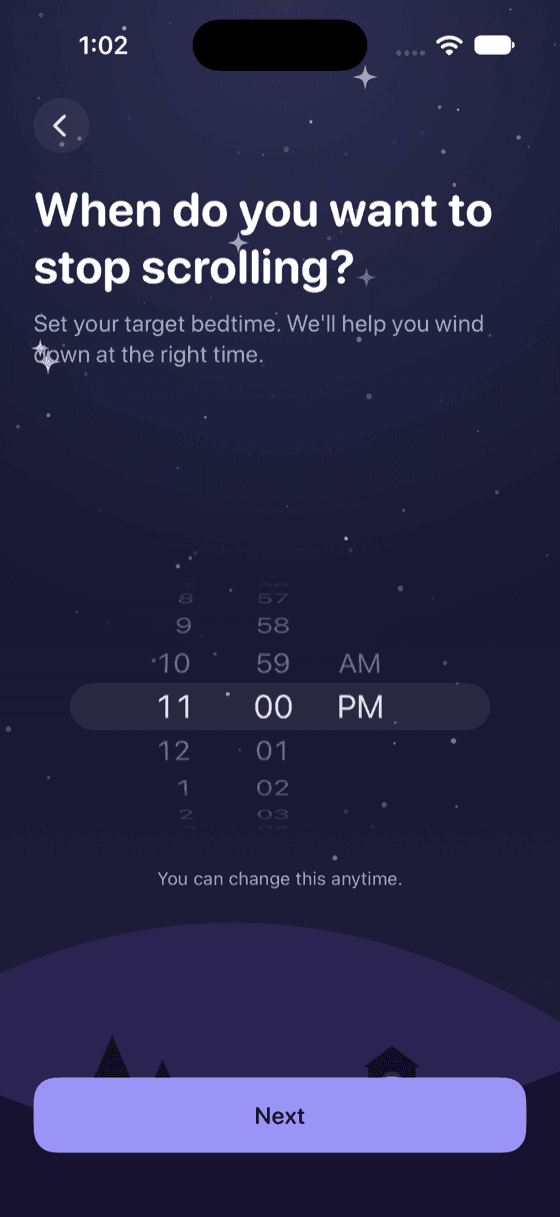 The bedtime screen asking “When do you want to stop scrolling?”, with a time picker set to 11:00 PM and a note that it can be changed any time.