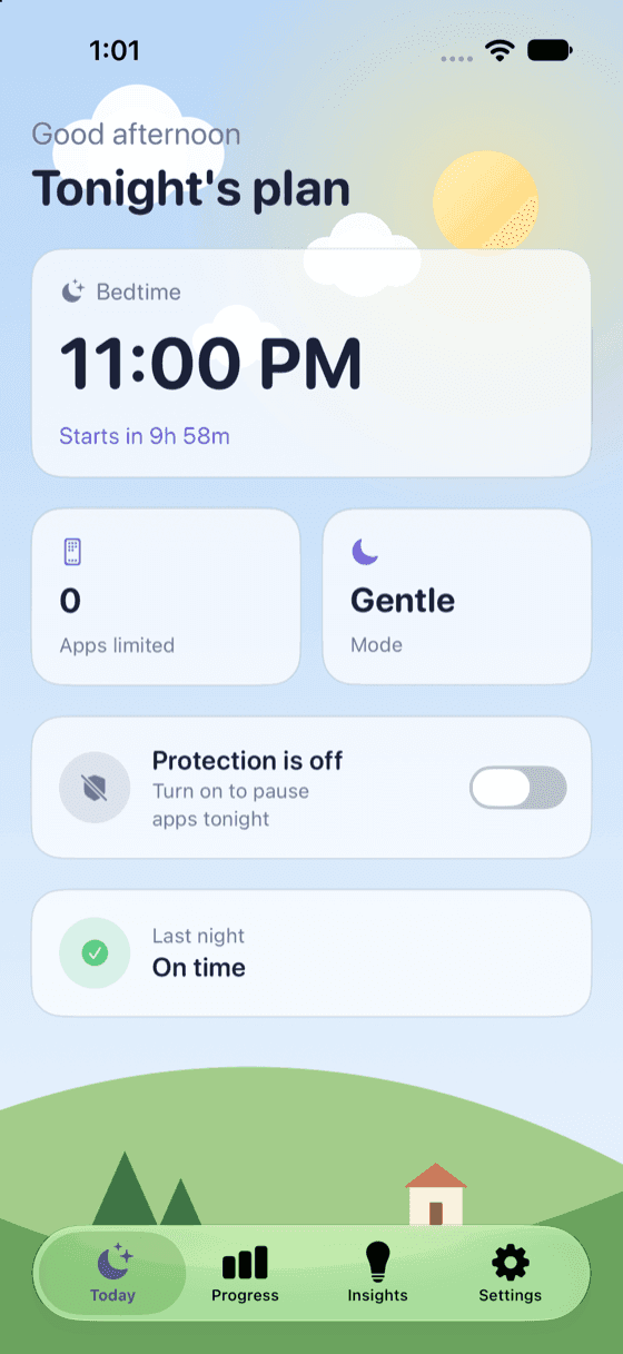 The Today screen in the day theme, a sunlit sky over green hills: tonight's plan with a bedtime of 11:00 PM starting in 9 hours 58 minutes, 0 apps limited, Gentle mode, protection switched off, and last night marked on time.
