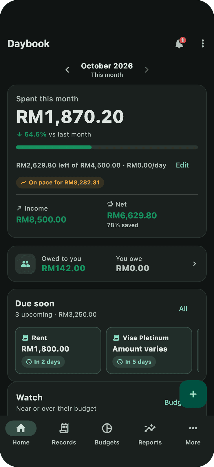 Daybook's home screen, showing the month's spending, what is owed to you, and bills due soon.