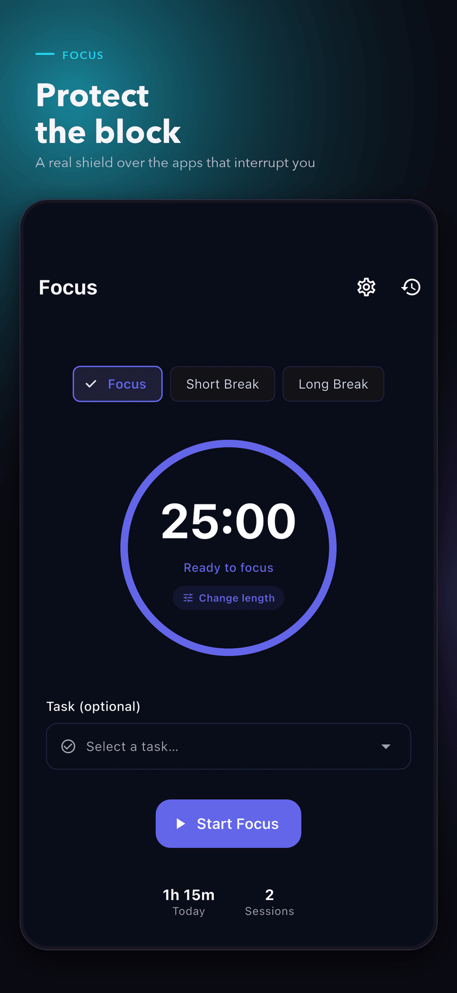 A focus session running, with the countdown and the shield raised over the apps chosen to be blocked.