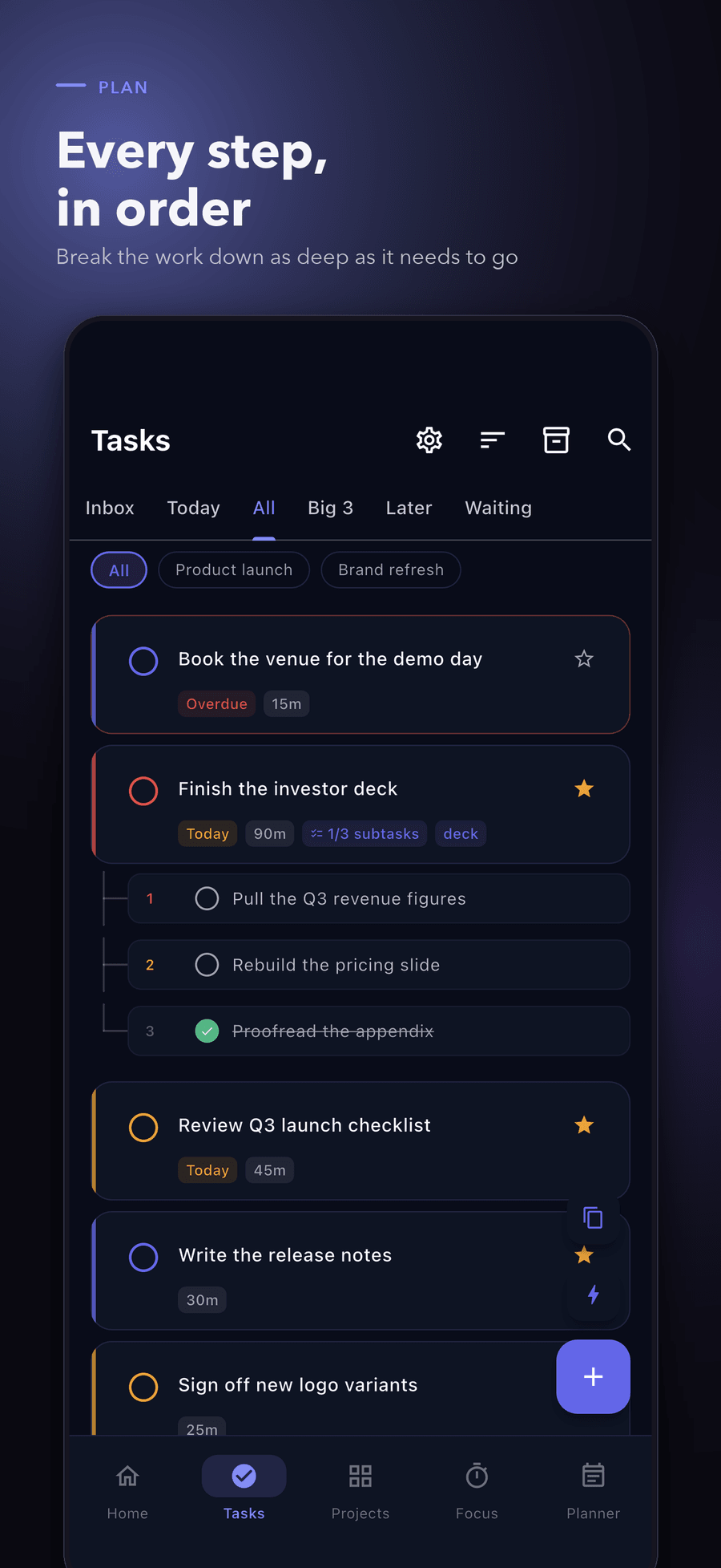 The Tasks screen with work broken into nested sub-steps, showing how deep a single task can be decomposed.