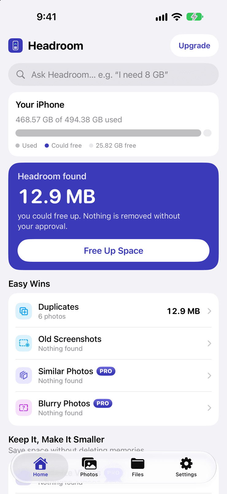 Headroom's home screen. A storage card reads 468.57 GB of 494.38 GB used with 25.82 GB free. Below it, a card reads “Headroom found 12.9 MB you could free up. Nothing is removed without your approval” above a Free Up Space button. Under Easy Wins: Duplicates, 6 photos, 12.9 MB; Old Screenshots, Similar Photos (Pro) and Blurry Photos (Pro), each reading Nothing found. An Ask Headroom box at the top suggests “I need 8 GB”.