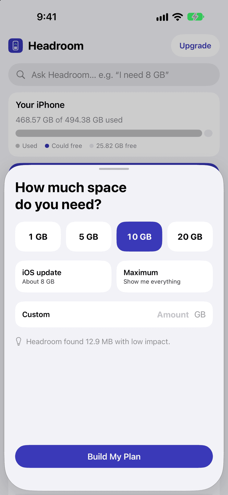 The “How much space do you need?” sheet over the home screen: presets of 1, 5, 10 and 20 GB with 10 GB selected, an iOS update option of about 8 GB, a Maximum option that shows everything, a Custom amount field and a Build My Plan button. A note reads that Headroom found 12.9 MB with low impact.
