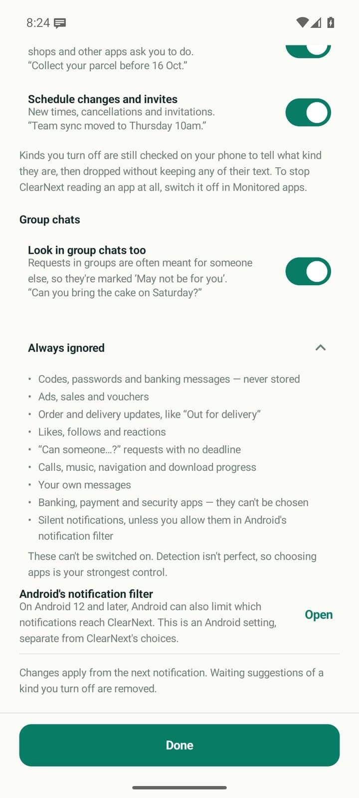 The Always ignored list: codes, passwords and banking messages, ads, delivery updates, likes, requests with no deadline, calls and music, your own messages, banking and security apps, and silent notifications.