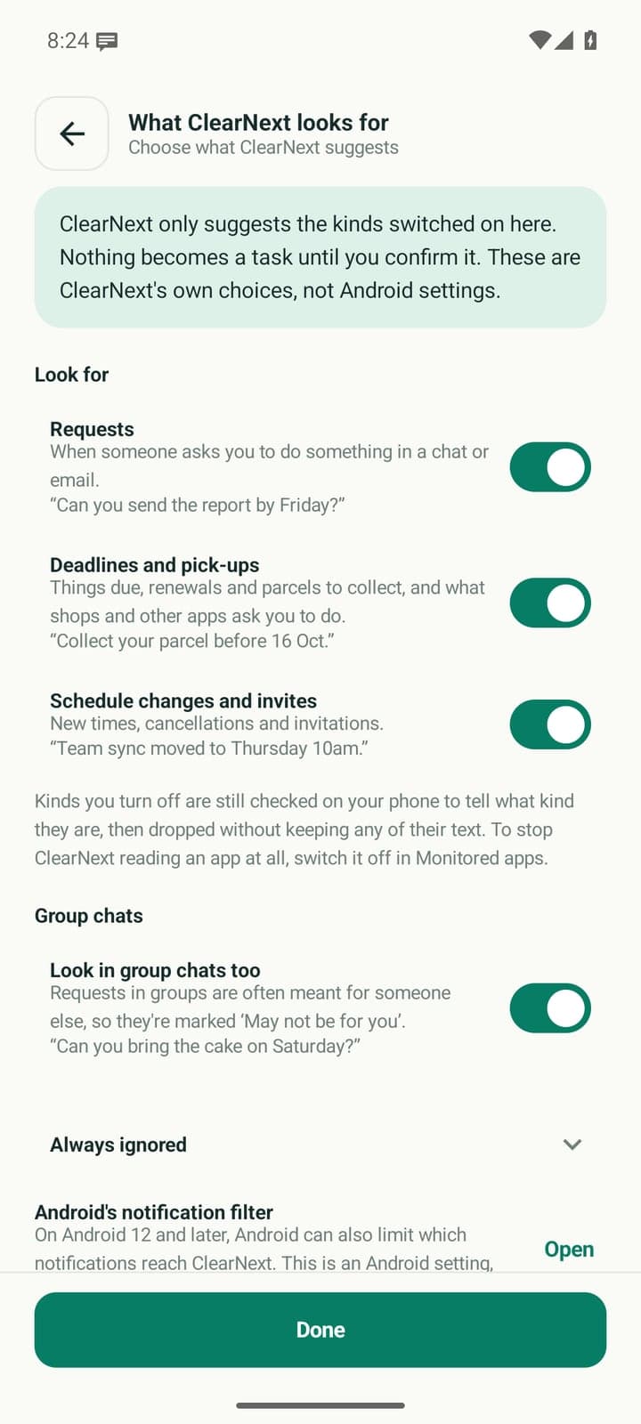 What ClearNext looks for: switches for Requests, Deadlines and pick-ups, and Schedule changes and invites, each with an example, plus Look in group chats too.