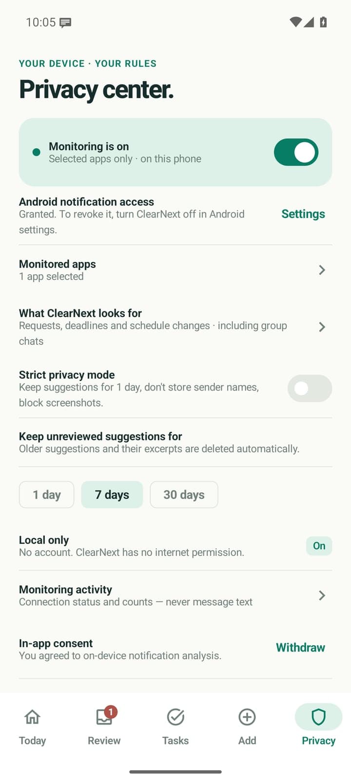 The Privacy center: monitoring on for selected apps only, Android notification access, monitored apps, what ClearNext looks for, strict privacy mode, keep unreviewed suggestions for 1, 7 or 30 days (7 selected), local only with no internet permission, monitoring activity with counts but never message text, and in-app consent with Withdraw.