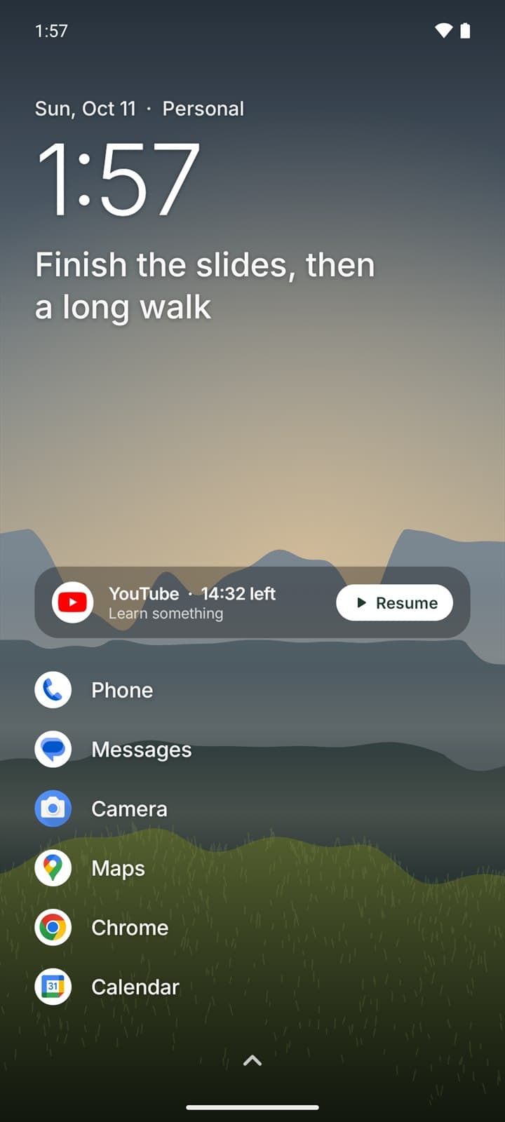 The home screen with a running session: YouTube, 14 minutes 32 seconds left for Learn something, and a Resume button.
