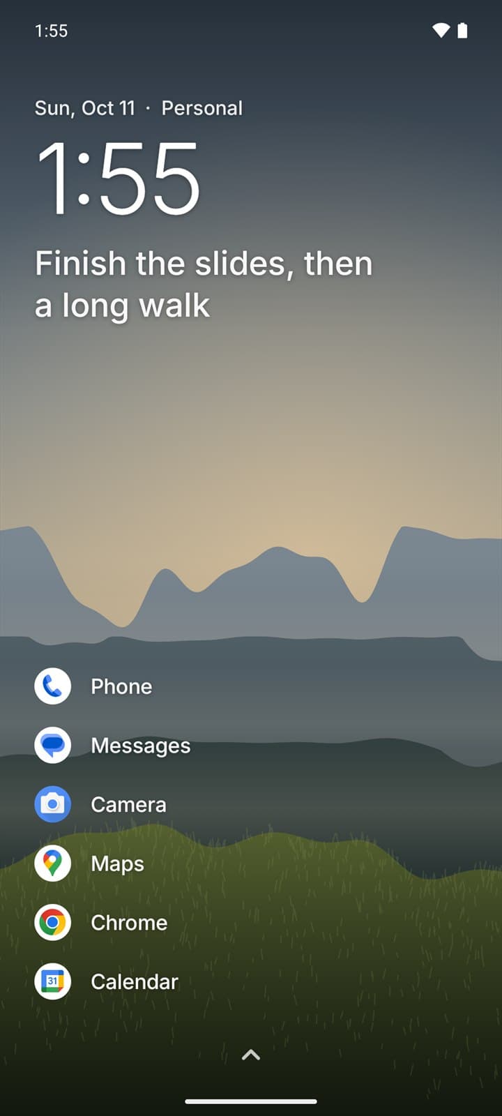FirstMoment's home screen: the date, a large clock, today's intention (“Finish the slides, then a long walk”) and six home apps over a calm landscape.