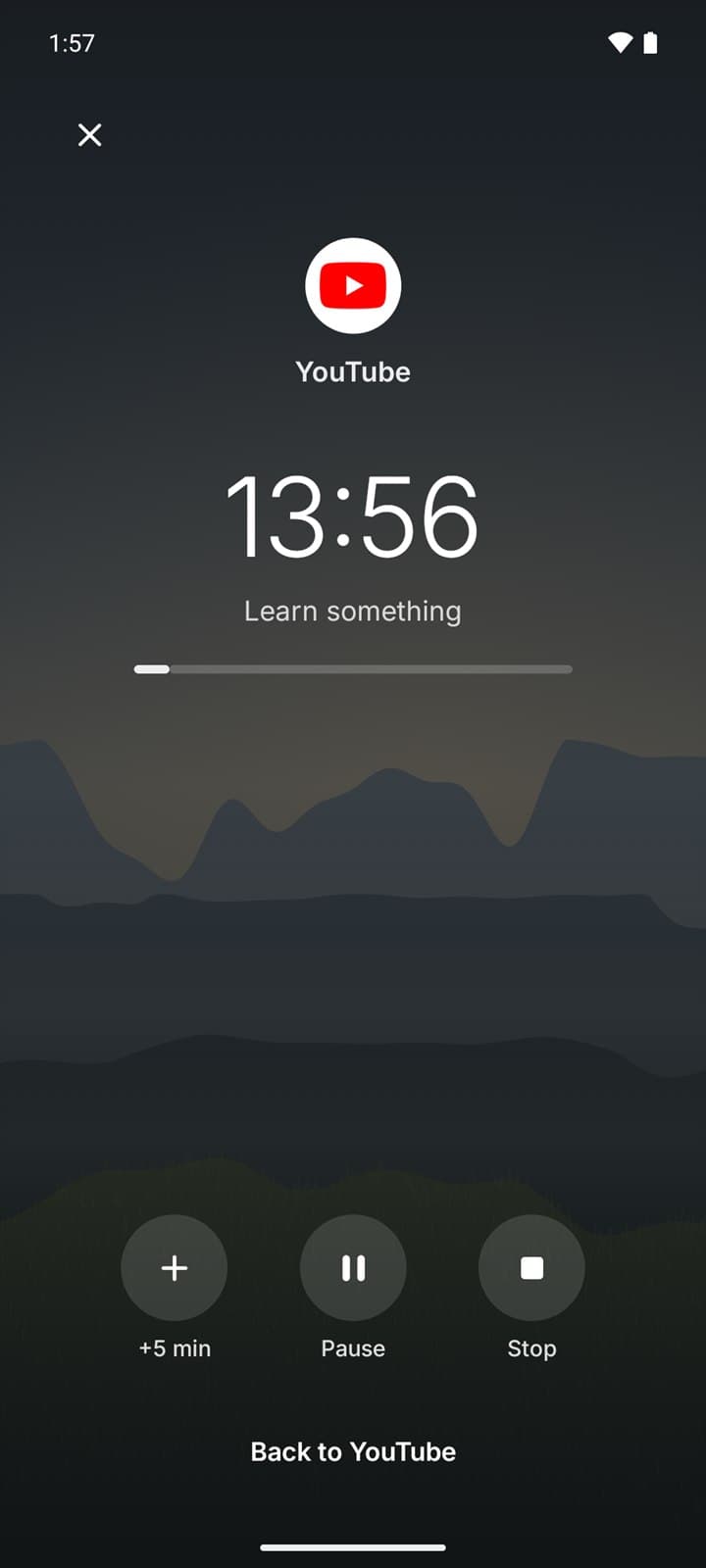 An active session for YouTube: 13 minutes 56 seconds left for Learn something, with plus 5 minutes, Pause and Stop controls.