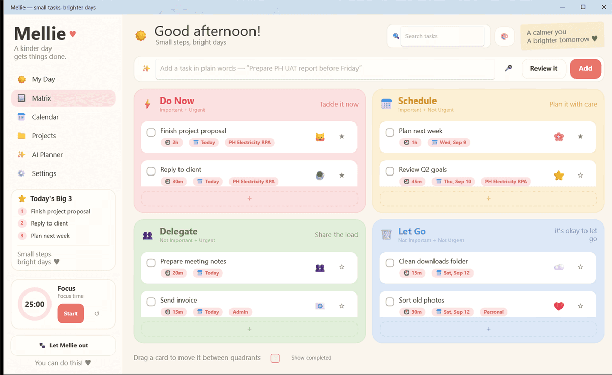 Mellie's four-quadrant board. Do Now, Schedule, Delegate and Let Go each hold task cards with a duration, a due date and a project tag. A sidebar shows Today's Big 3 and a focus timer.