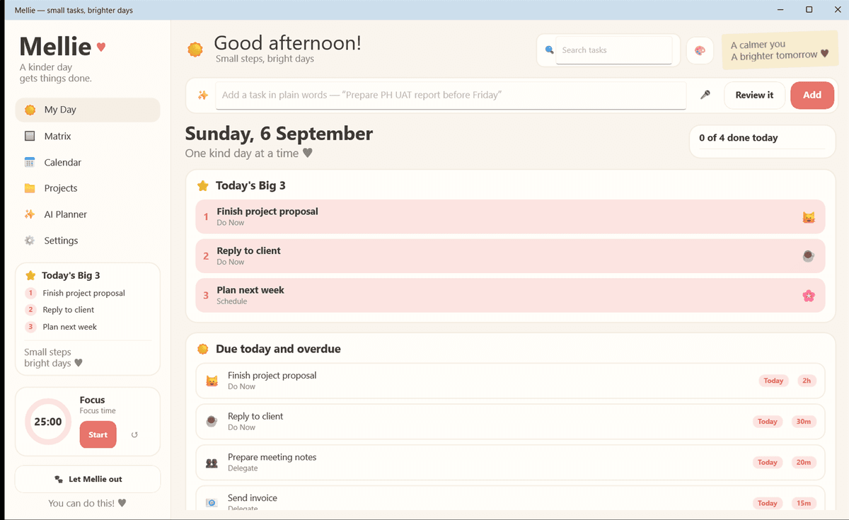 My Day, showing Today's Big 3 above the tasks due today and the blocks scheduled around them.