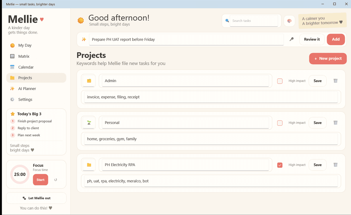 The Projects screen, listing each project with the keywords that route a new task to it automatically.