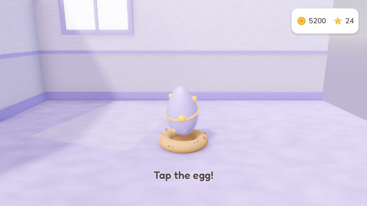 The hatching room: a lavender egg with a gold ribbon sits in a straw nest, with the prompt "Tap the egg!" beneath it.