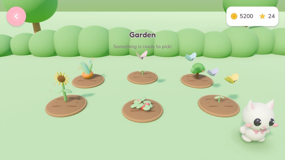 The garden: six soil plots with a sunflower, a carrot and strawberries at different stages, butterflies overhead, and the message "Something is ready to pick!"