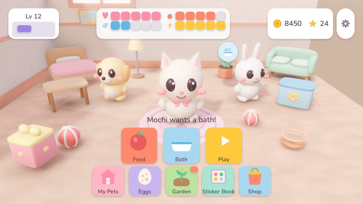 Mochi Hatch's home screen: a white kitten pet stands on a rug in a pastel room beside a puppy and a rabbit, among furniture and toys. Big one-tap buttons read Feed, Bath and Play, with a second row for My Pets, Eggs, Garden, Sticker Book and Shop.