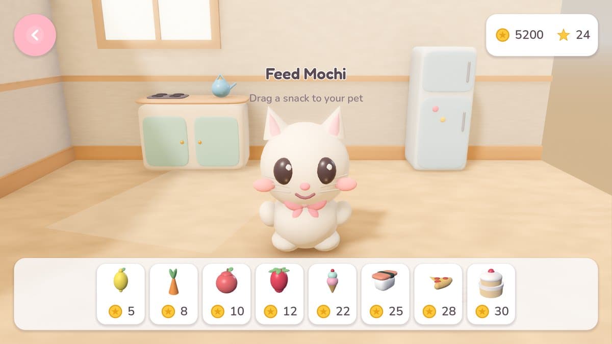 The kitchen: the kitten waits between a stove and a fridge under the prompt "Drag a snack to your pet", above a tray of snacks from a five-coin lemon to a thirty-coin cake.