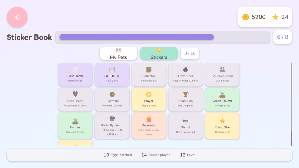 The sticker book: a grid of achievement stickers such as First Hatch, Green Thumb and Rising Star, six of eight pets collected, and a footer counting eggs hatched, games played and level.