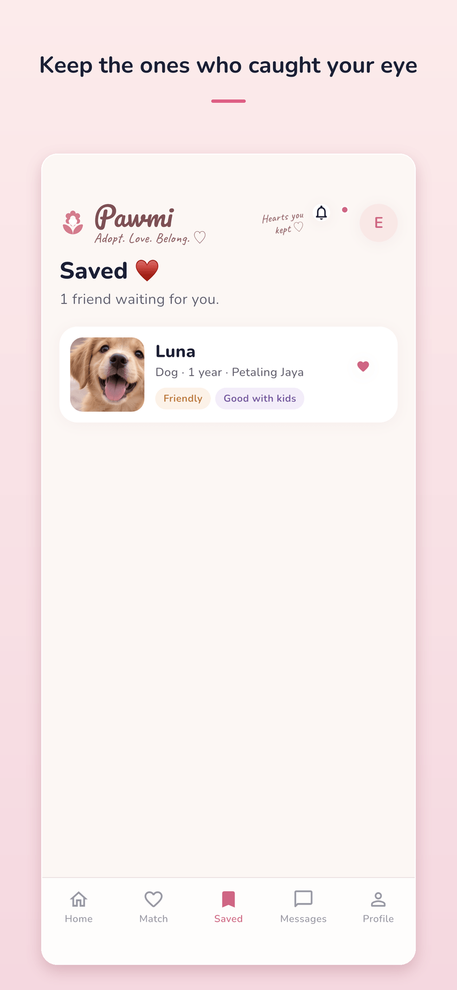 The Saved screen, holding the pets you hearted while browsing.