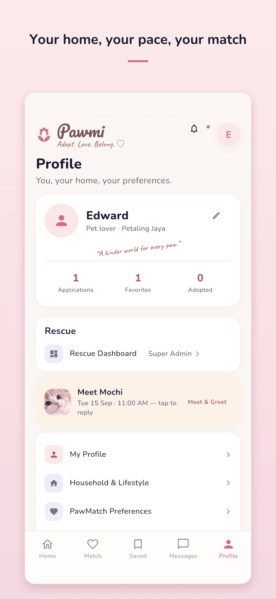 The profile screen with the household details PawMatch uses: your home, your energy, your city.