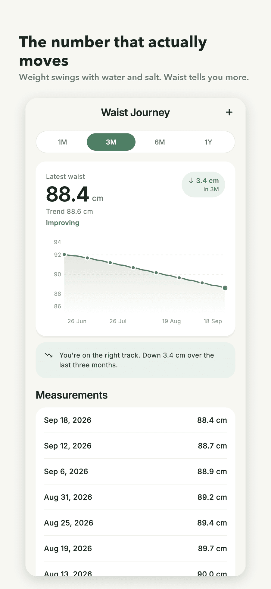 The Waist Journey screen: latest waist with a smoothed trend marked Improving, a three-month chart, and the dated list of measurements behind it.