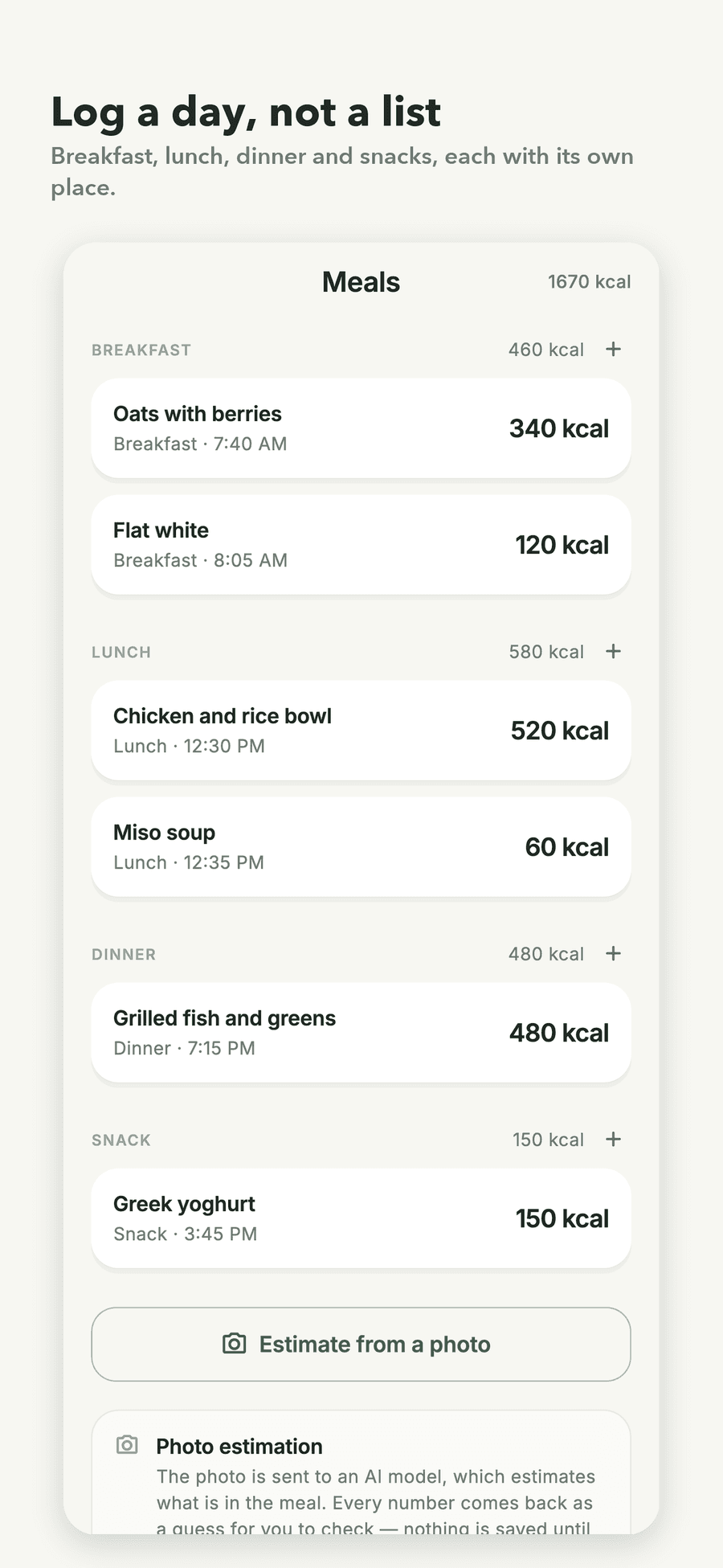 The Meals screen: breakfast, lunch, dinner and snacks each in its own section with calories, and an Estimate-from-a-photo button whose description says every number comes back as a guess to check.